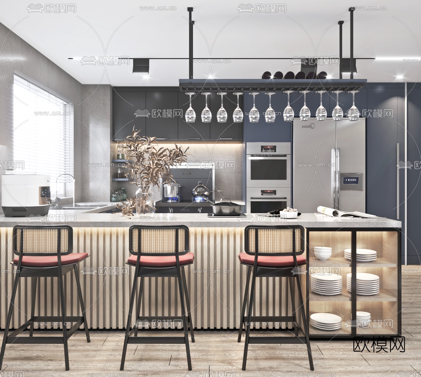 现代开放式厨房吧台3d模型下载（渲染图1）