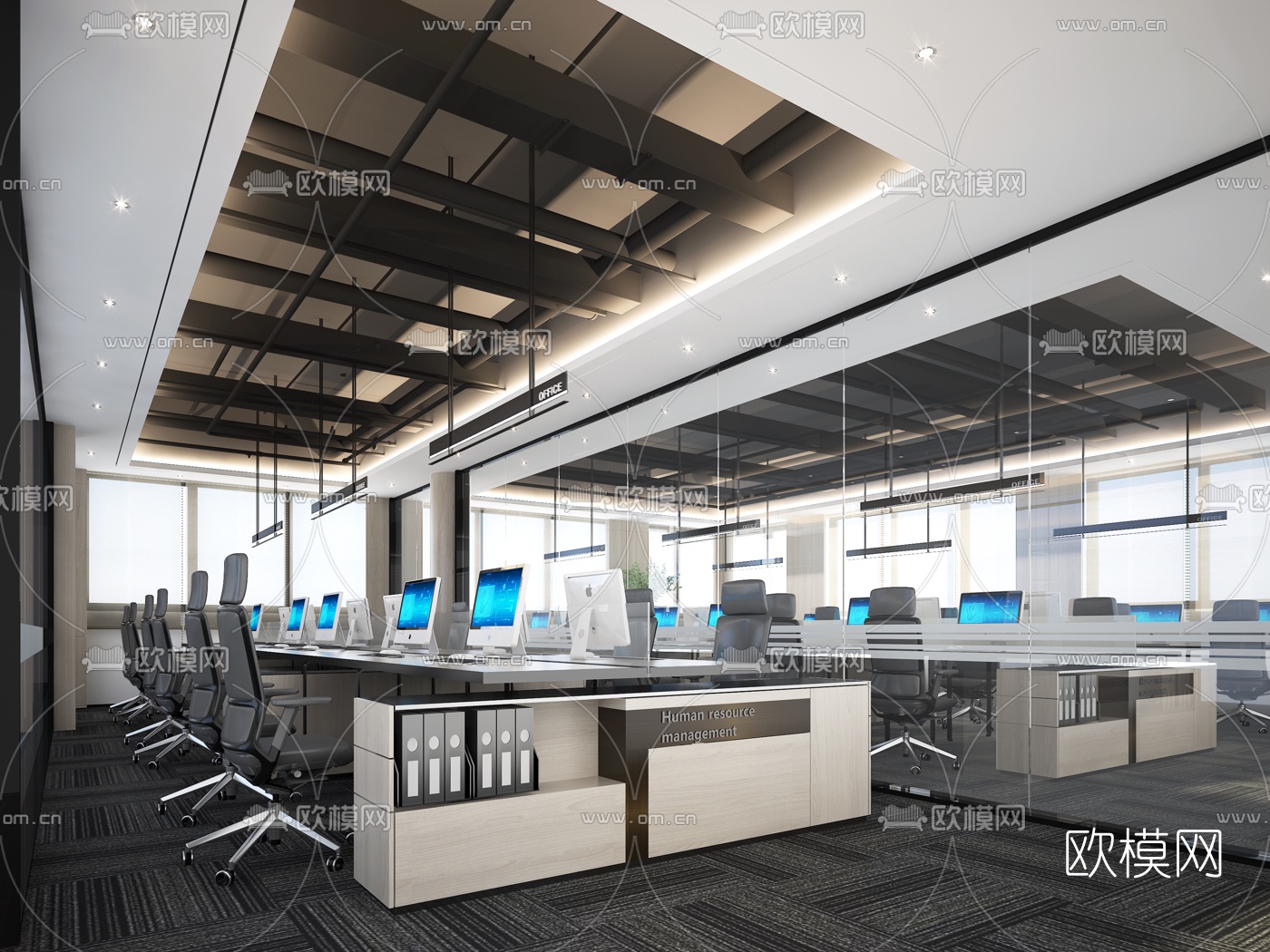 现代开放式办公区3d模型下载（渲染图3）