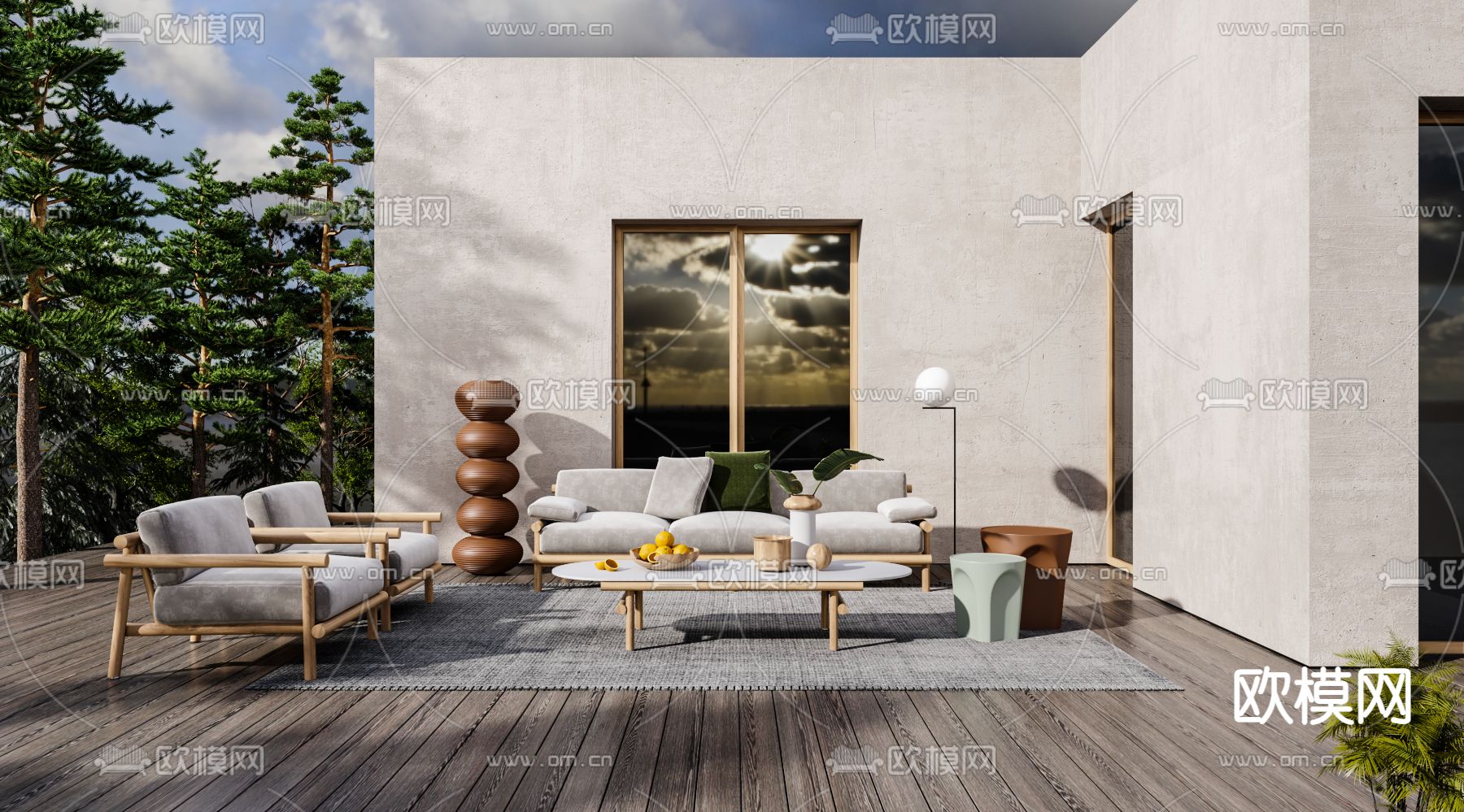 现代布艺户外沙发组合3d模型下载（渲染图1）