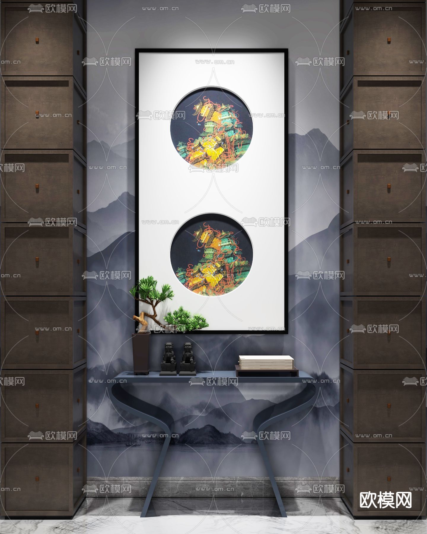 新中式端景柜su模型下载（渲染图1）