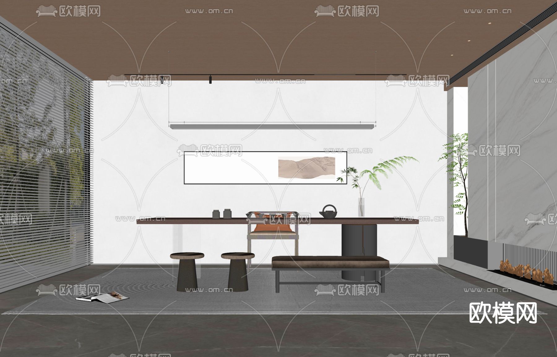 现代茶桌椅su模型下载（渲染图2）