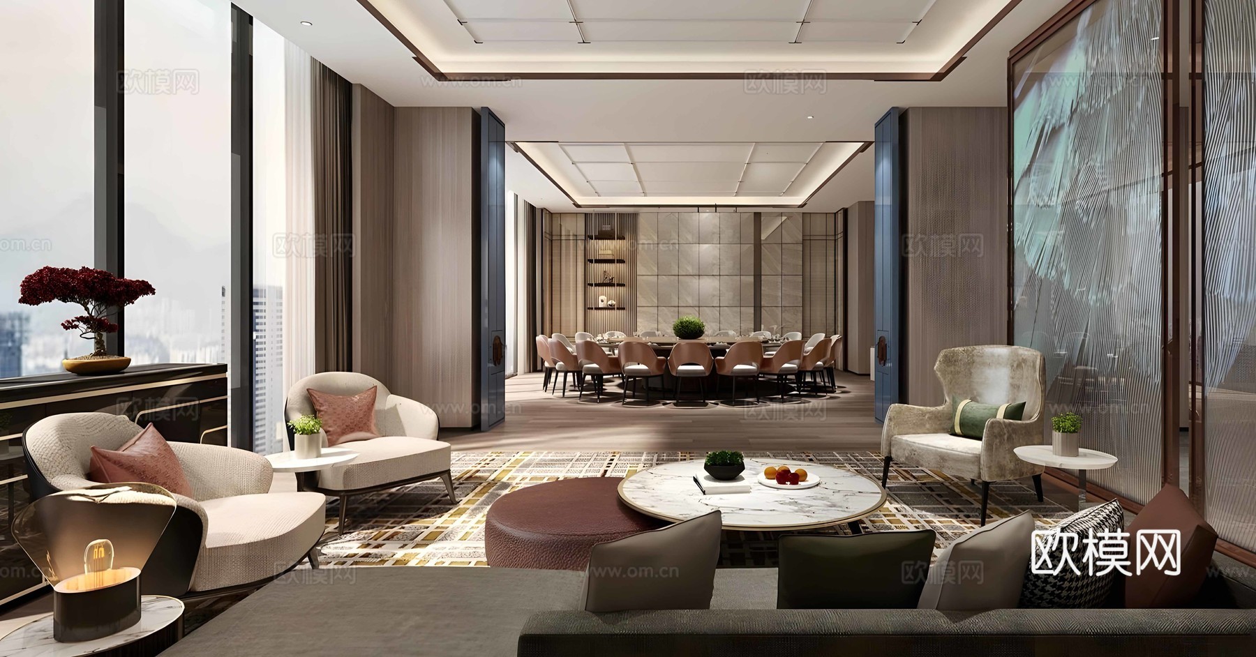 新中式包厢 中餐厅包厢 包厢餐桌椅 圆桌餐桌椅 四人以上餐桌su模型下载（渲染图1）