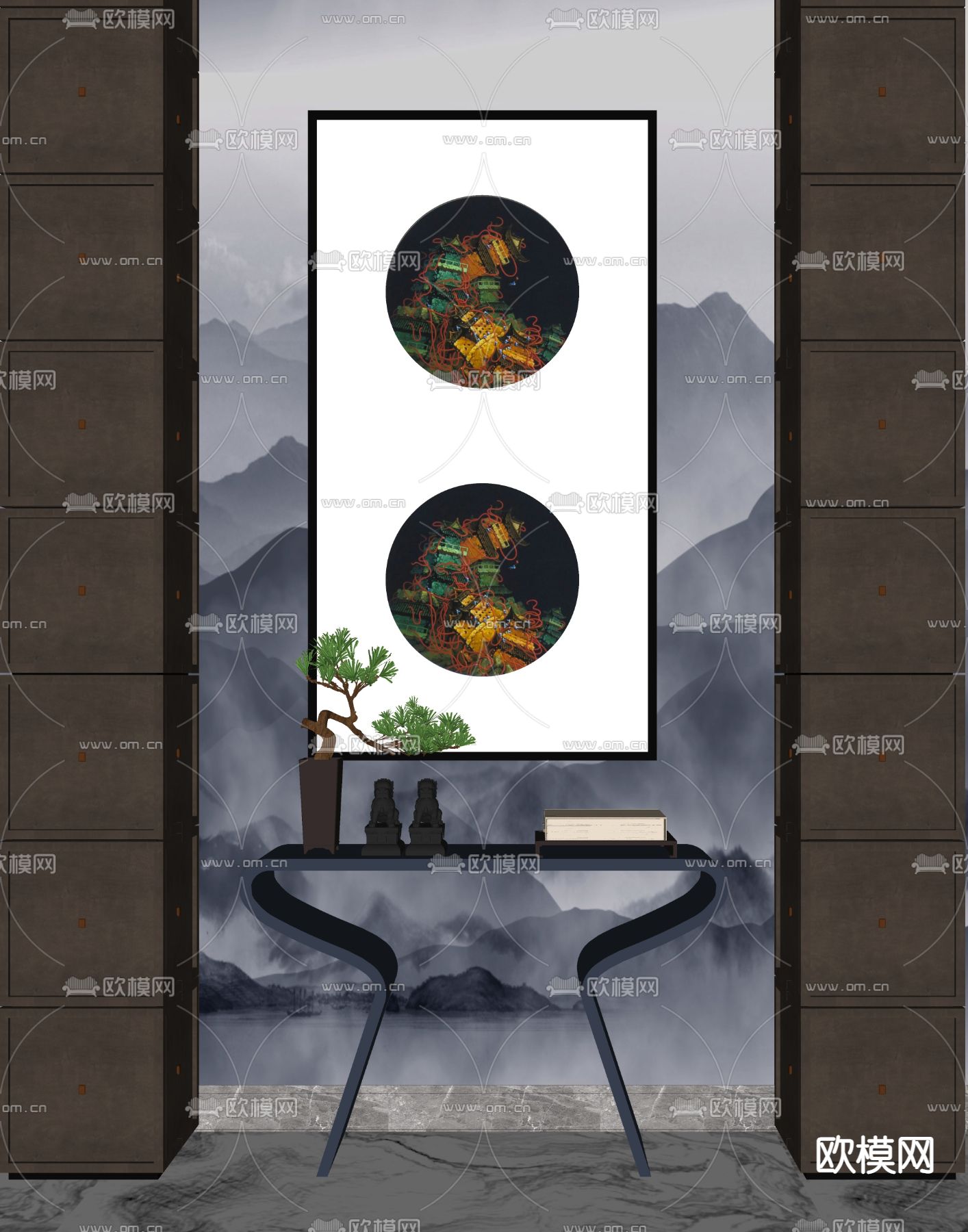 新中式端景柜su模型下载（渲染图2）