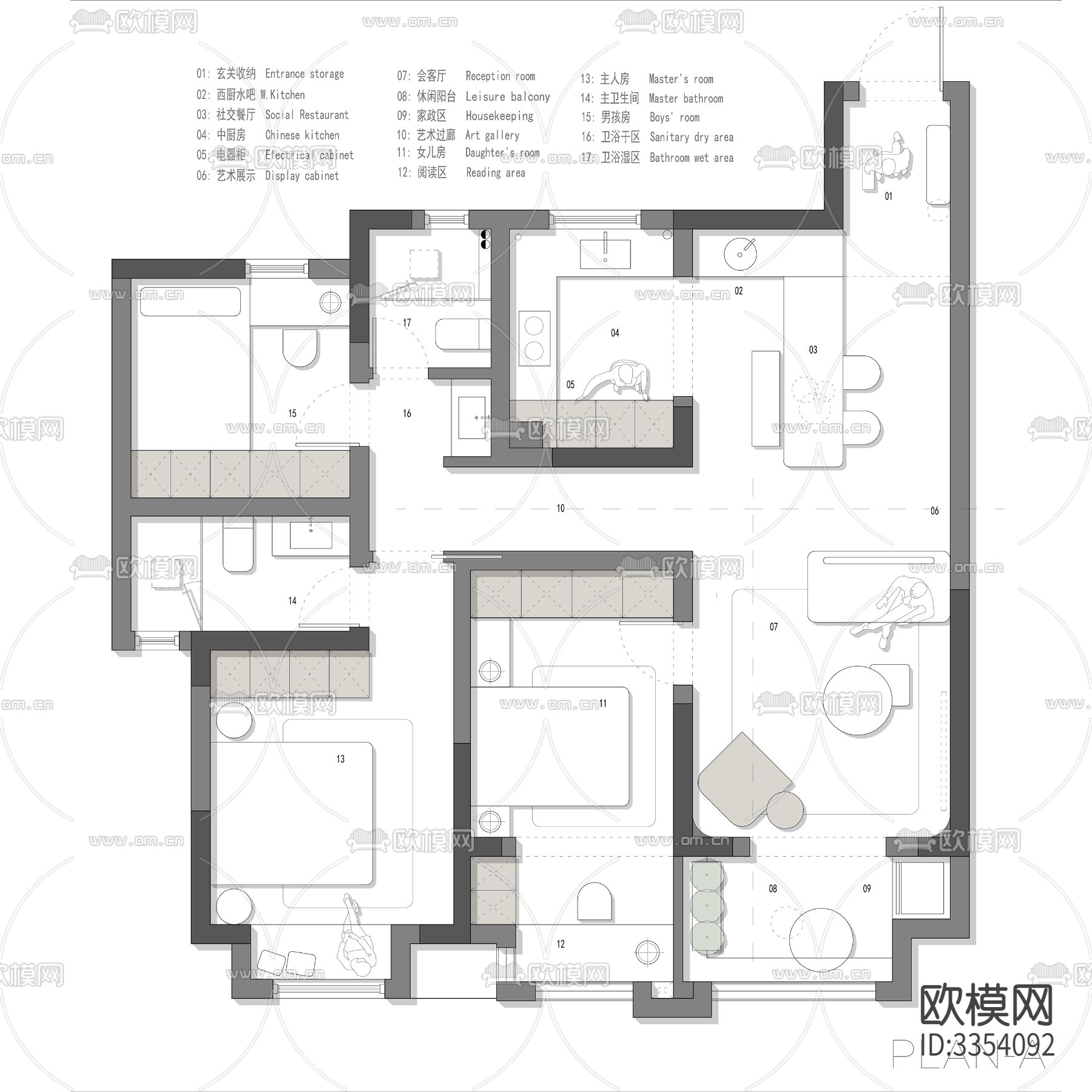 102㎡极限小三房平面优化案例源文件下载（渲染图1）