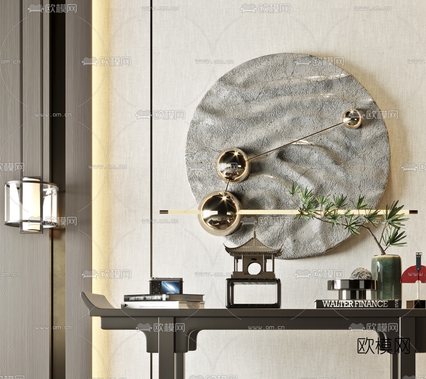 新中式端景条案3d模型下载（渲染图2）