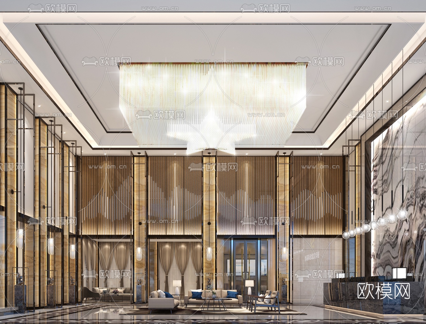 新中式酒店大堂前台接待区3d模型下载（渲染图3）