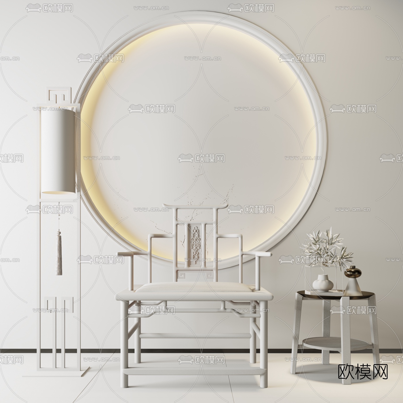 新中式太师椅边几落地灯3d模型下载（渲染图3）