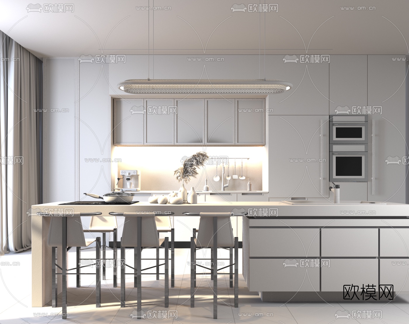 现代厨房中岛柜餐桌椅3d模型下载（渲染图4）