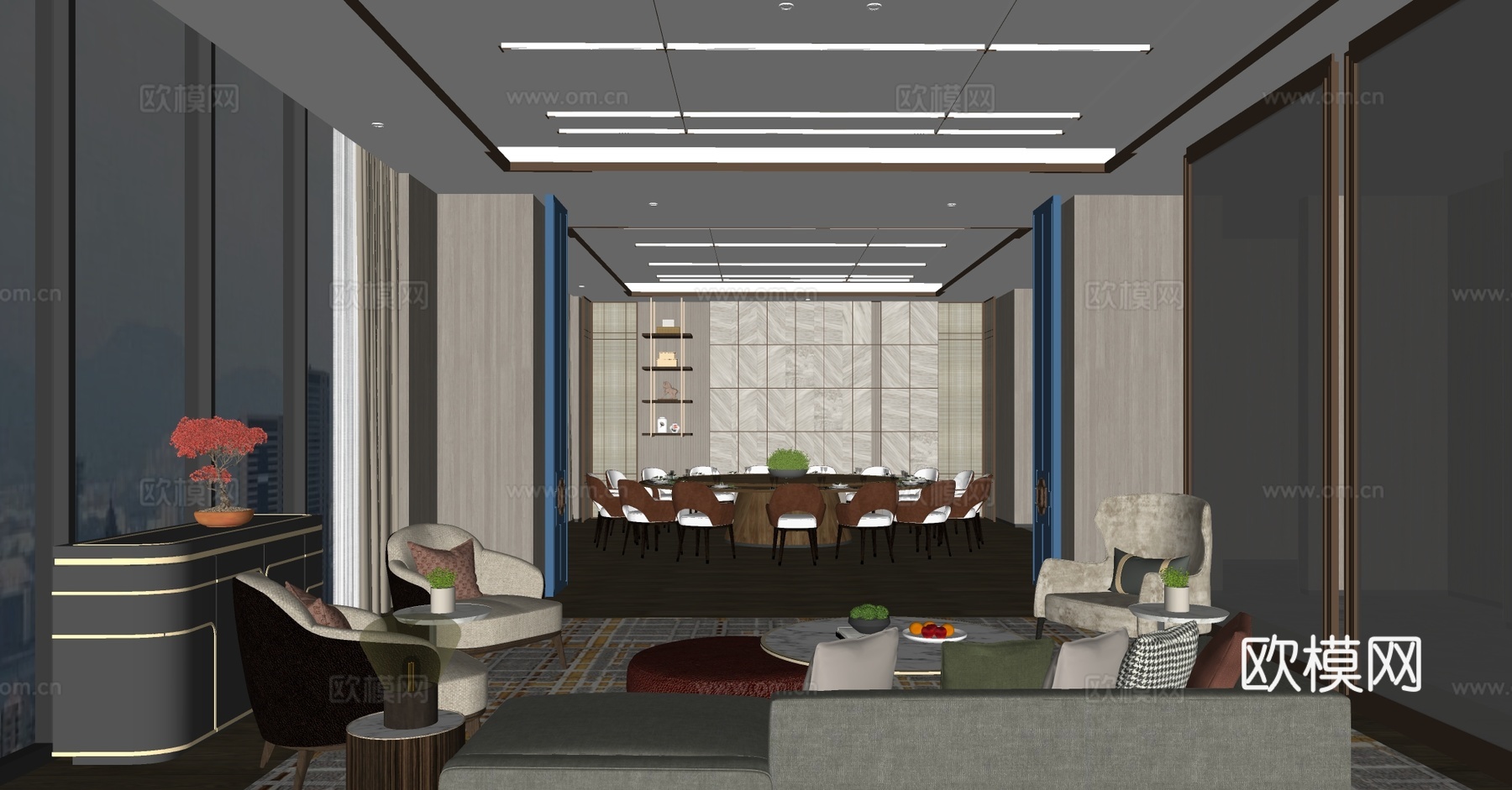 新中式包厢 中餐厅包厢 包厢餐桌椅 圆桌餐桌椅 四人以上餐桌su模型下载（渲染图2）