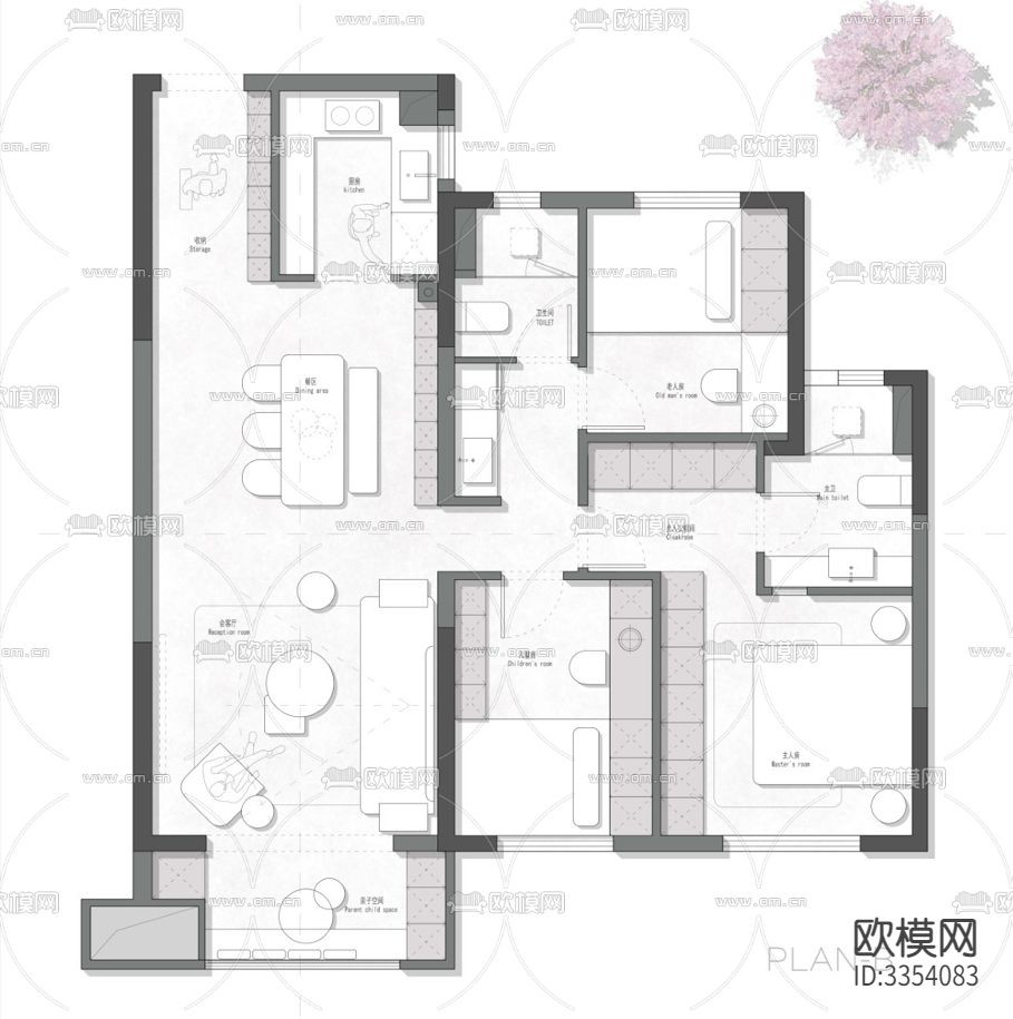 96㎡常规户型创新平面优化案例源文件下载（渲染图2）