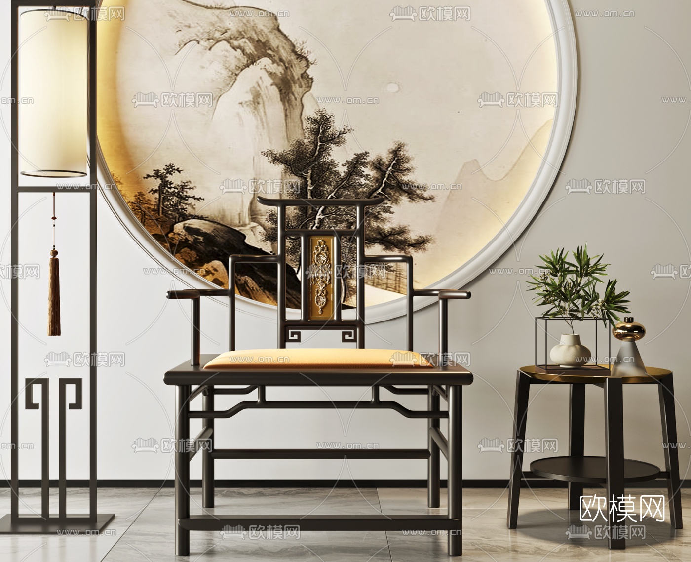 新中式太师椅边几落地灯3d模型下载（渲染图2）