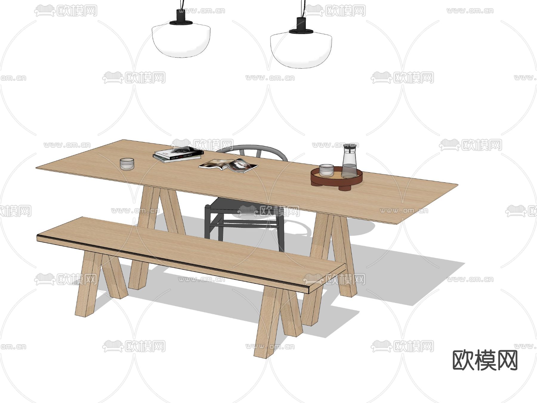 现代实木餐桌椅su模型下载（渲染图2）