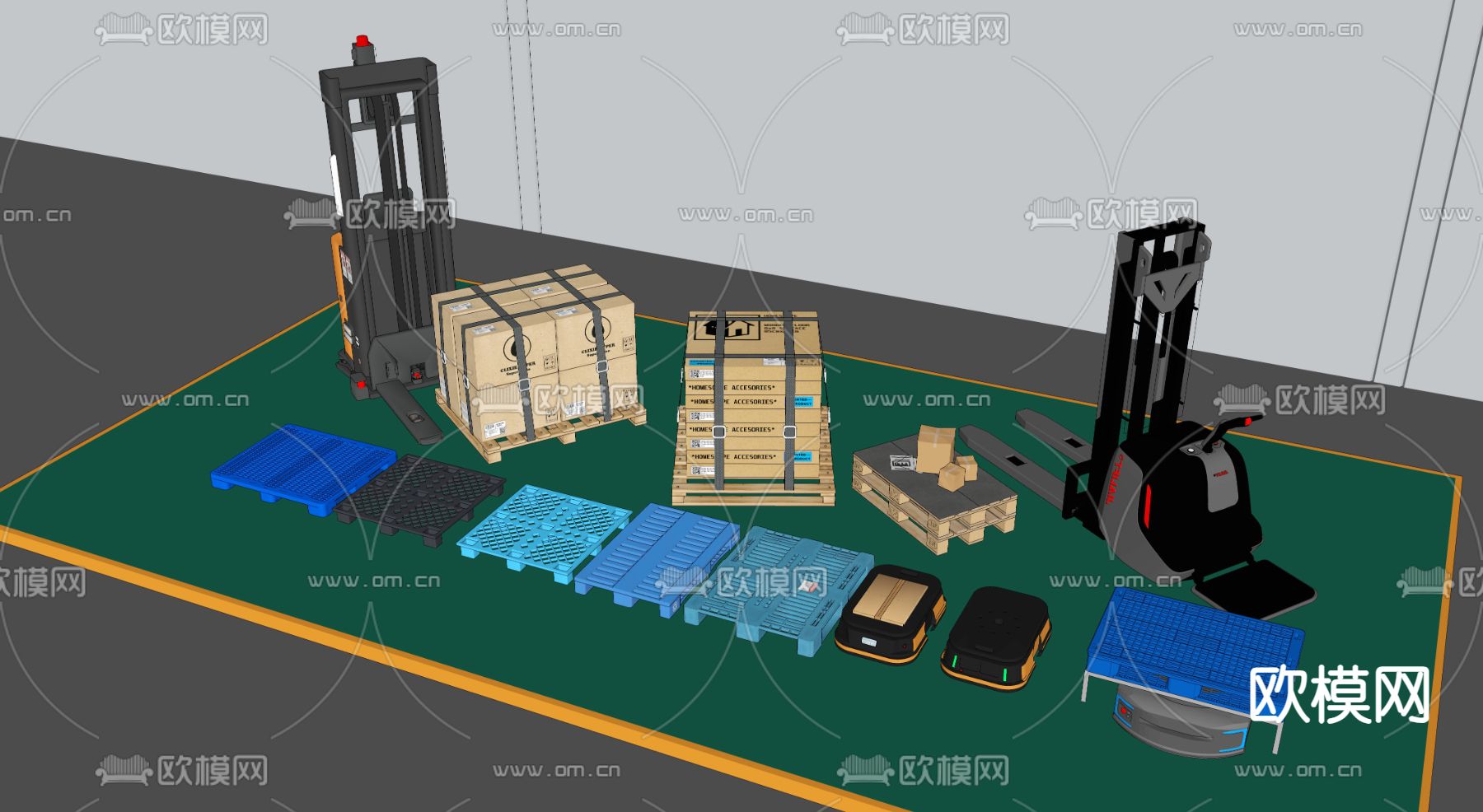 包装箱叉车 无人运输车su模型下载（渲染图1）