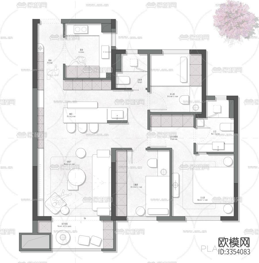 96㎡常规户型创新平面优化案例源文件下载（渲染图1）