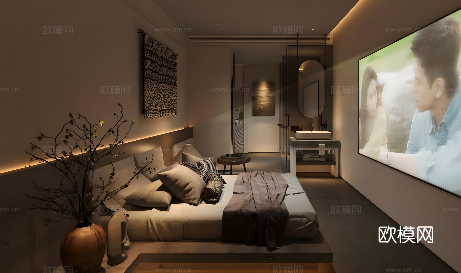 侘寂民宿客房 实木双人床 民宿酒店套房 度假酒店客房 侘寂风su模型下载（渲染图2）