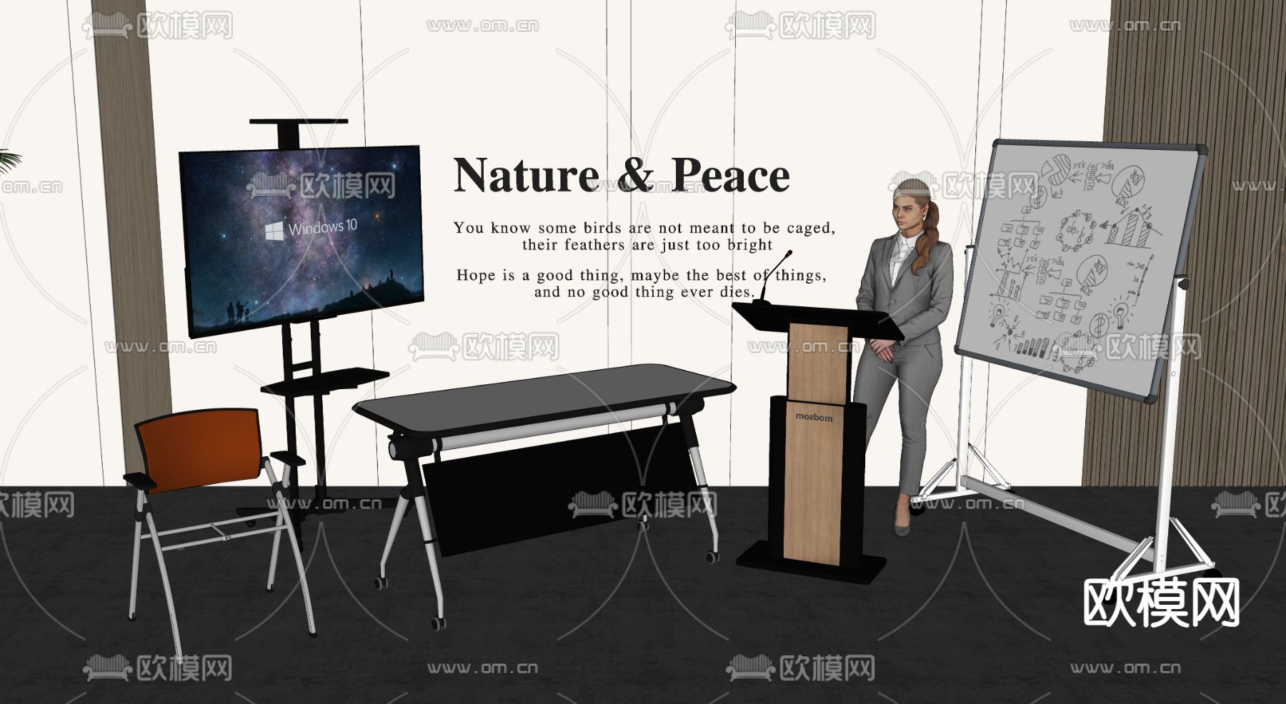 培训桌 演讲台 办公白板 移动显示器su模型下载（渲染图2）