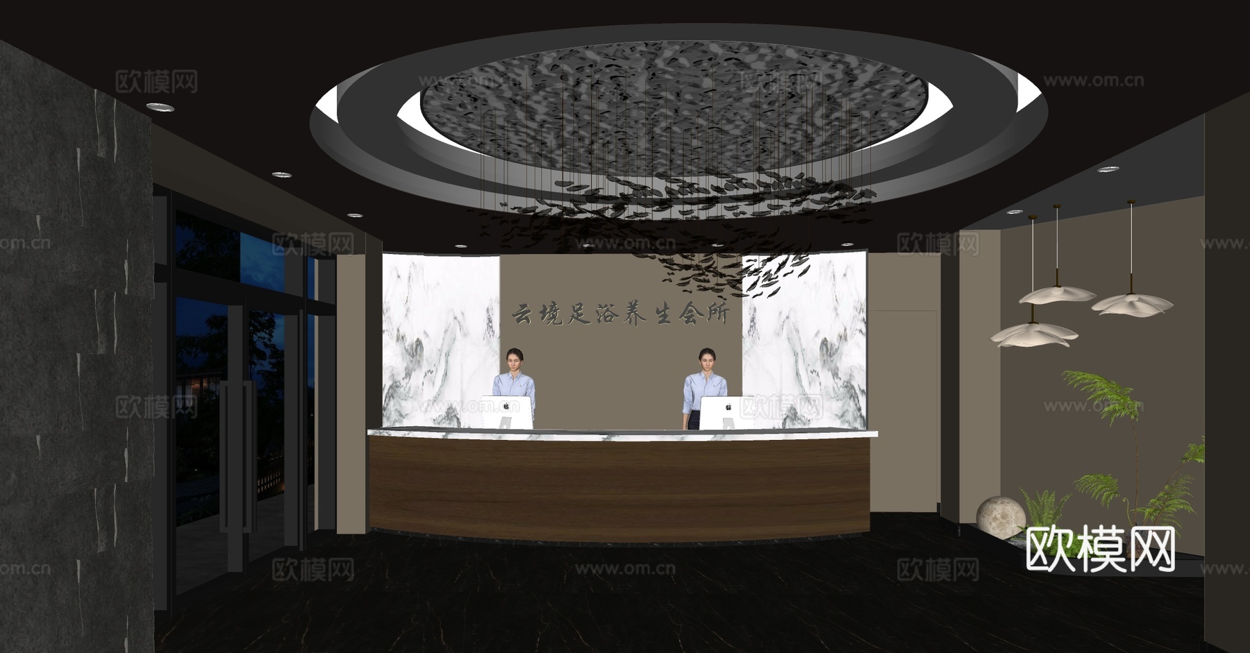 现代足浴店 现代足浴会所大厅 前台接待 酒店大堂 足浴店前台su模型下载（渲染图2）