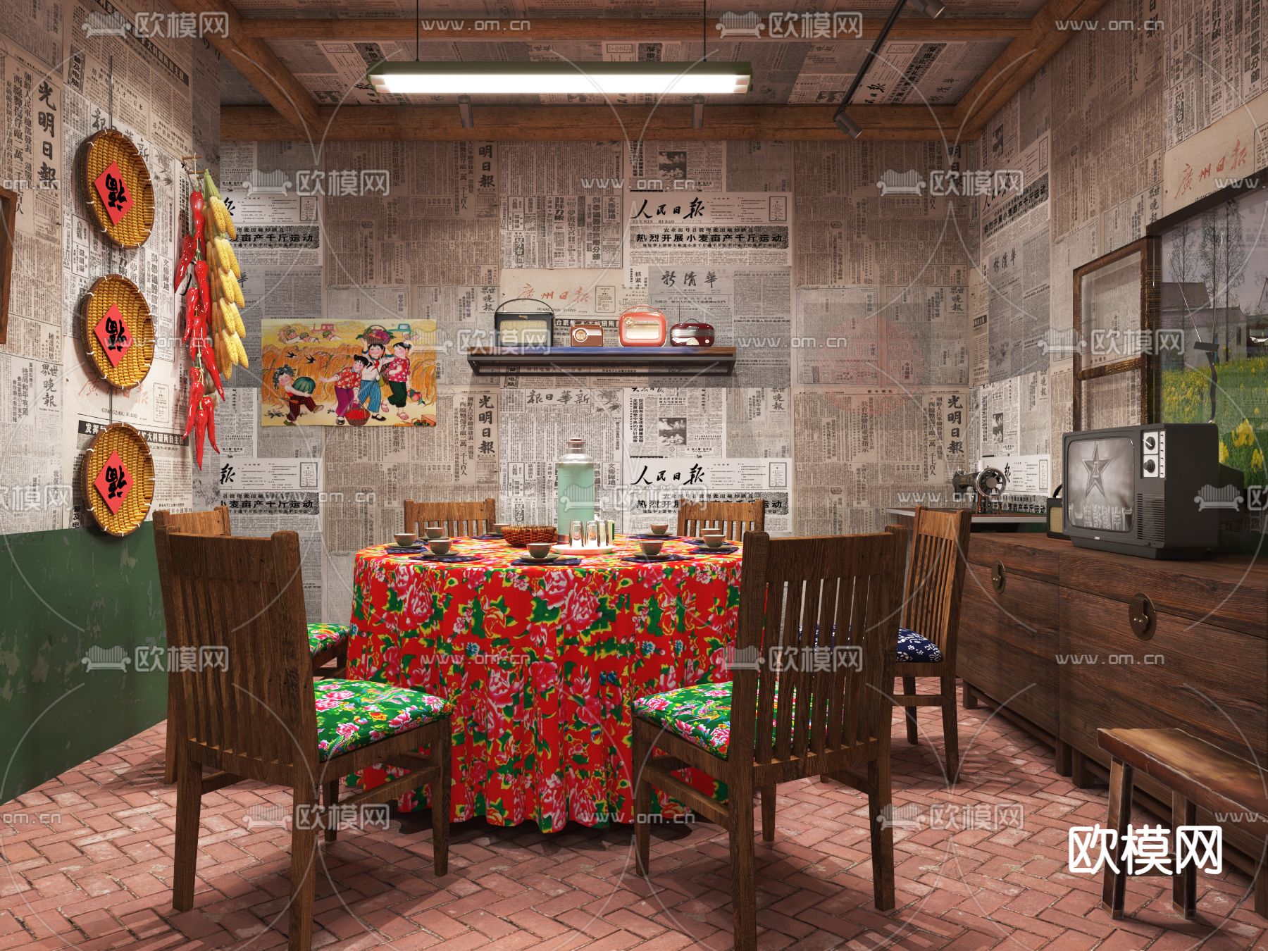民国风餐厅包房 包间 包厢3d模型下载（渲染图2）