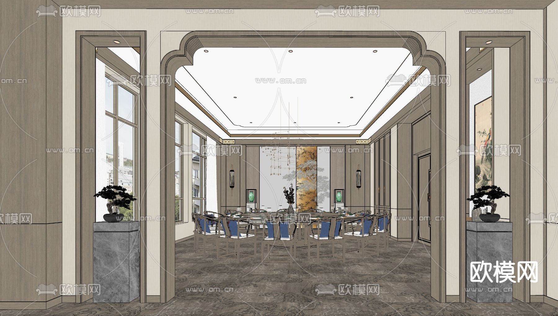 新中式餐厅包房su模型下载（渲染图2）