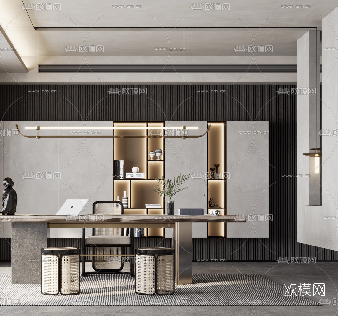 现代轻奢书房3d模型下载（渲染图3）