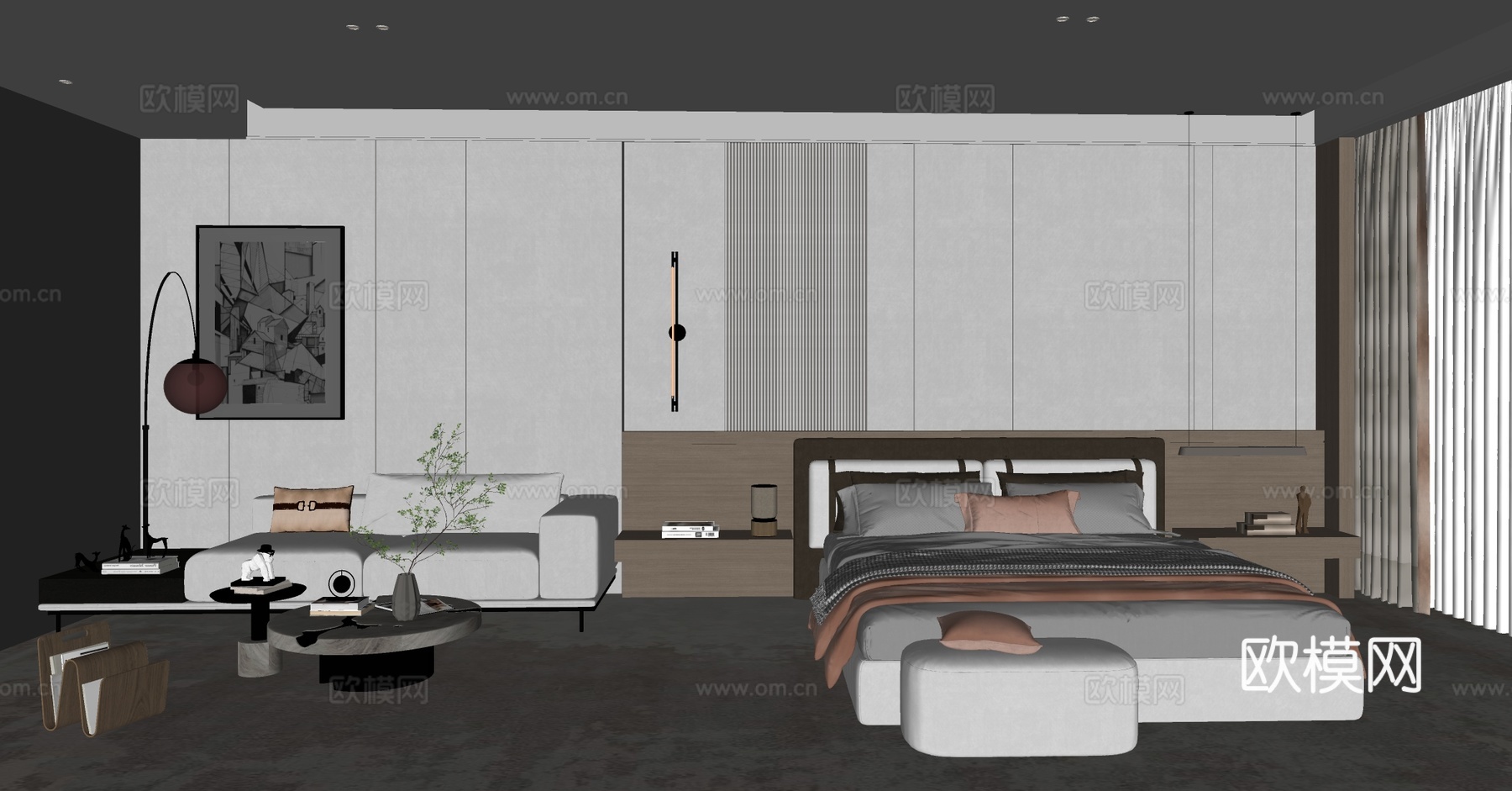 现代酒店客房 酒店大床房 酒店套房 酒店标间 酒店客房沙发su模型下载（渲染图2）