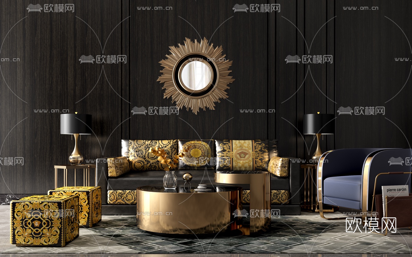 versace后现代时尚沙发茶几角几台灯摆件组合3D模型下载（渲染图1）