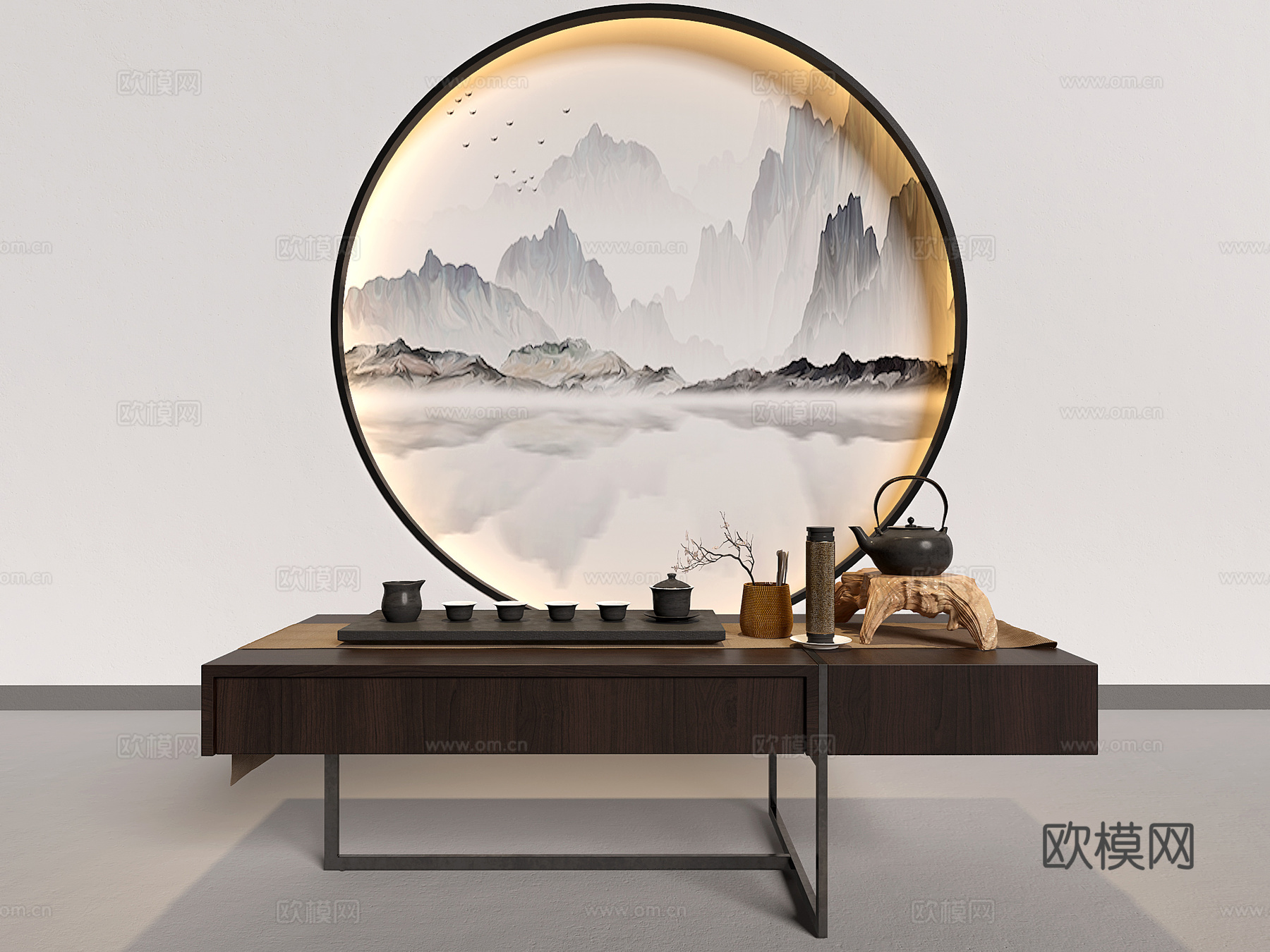 新中式茶台  茶几 茶具 木雕组合3d模型