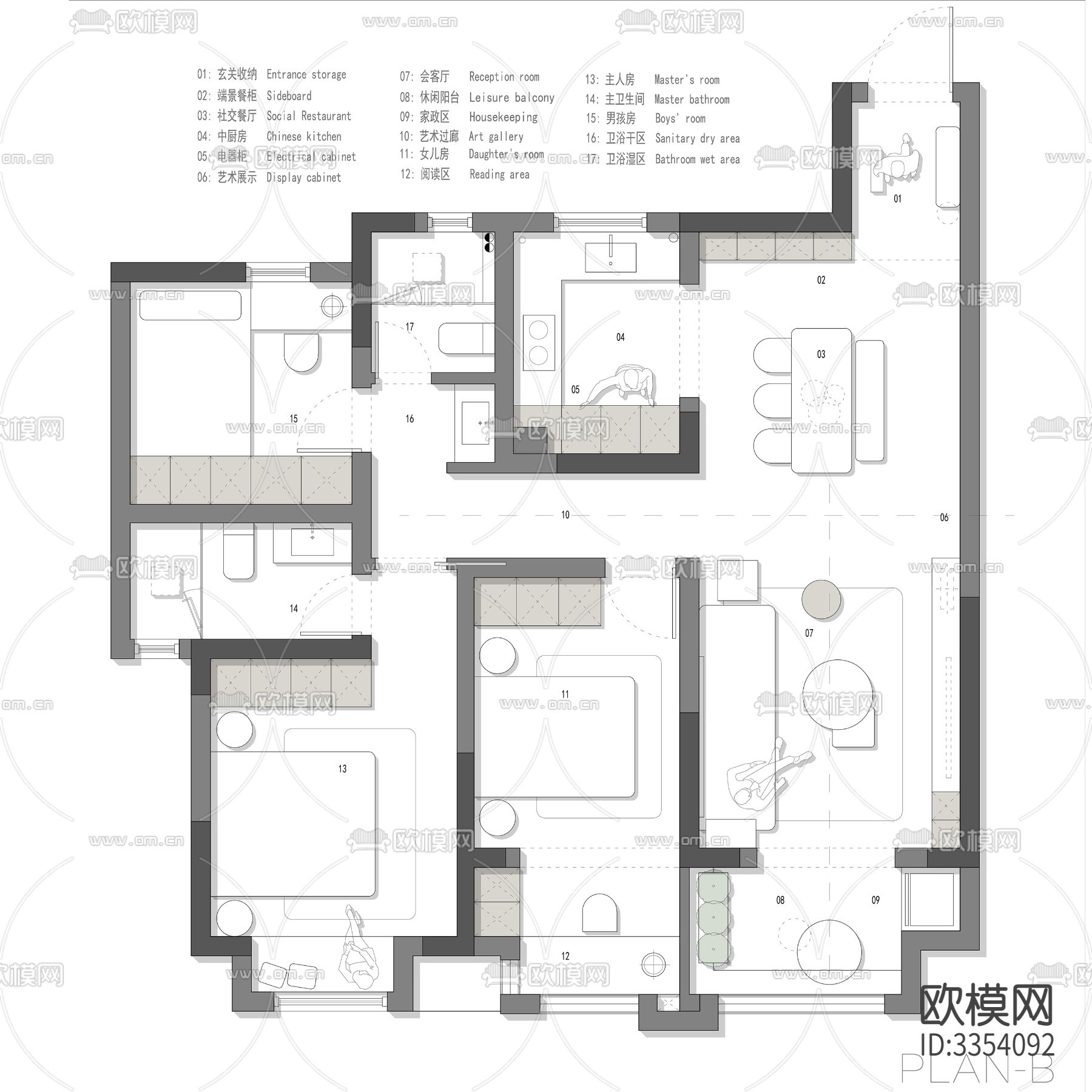 102㎡极限小三房平面优化案例源文件下载（渲染图2）
