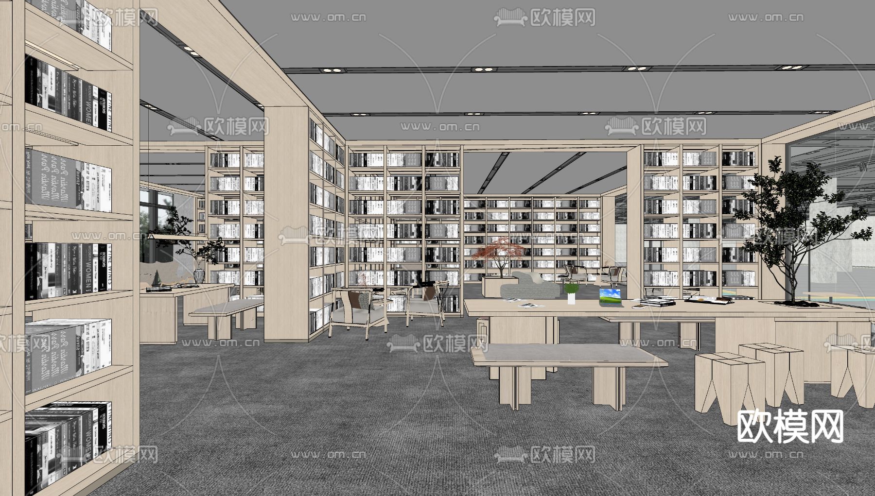 现代图书馆 书吧 阅览室su模型下载（渲染图2）