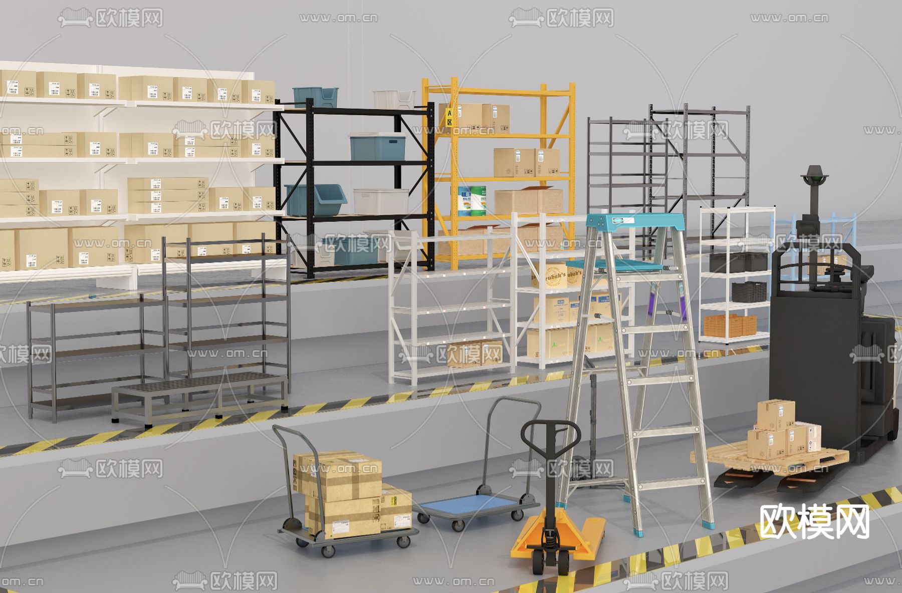 货架 包装箱 叉车 平板车梯子su模型下载（渲染图2）