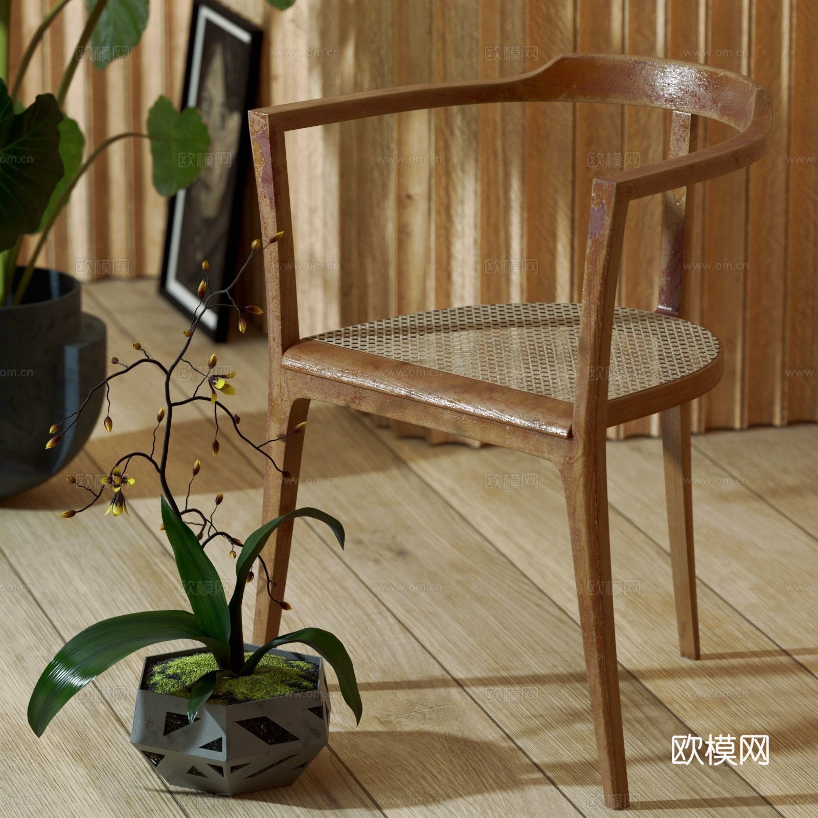北欧盆栽北欧植物装饰画单椅餐椅木质单椅3d模型