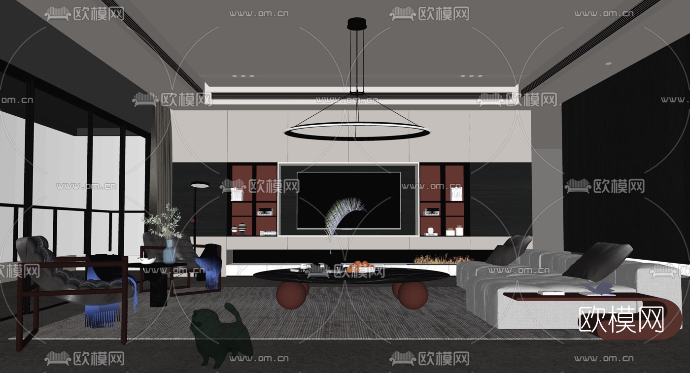 现代轻奢客厅su模型下载（渲染图2）