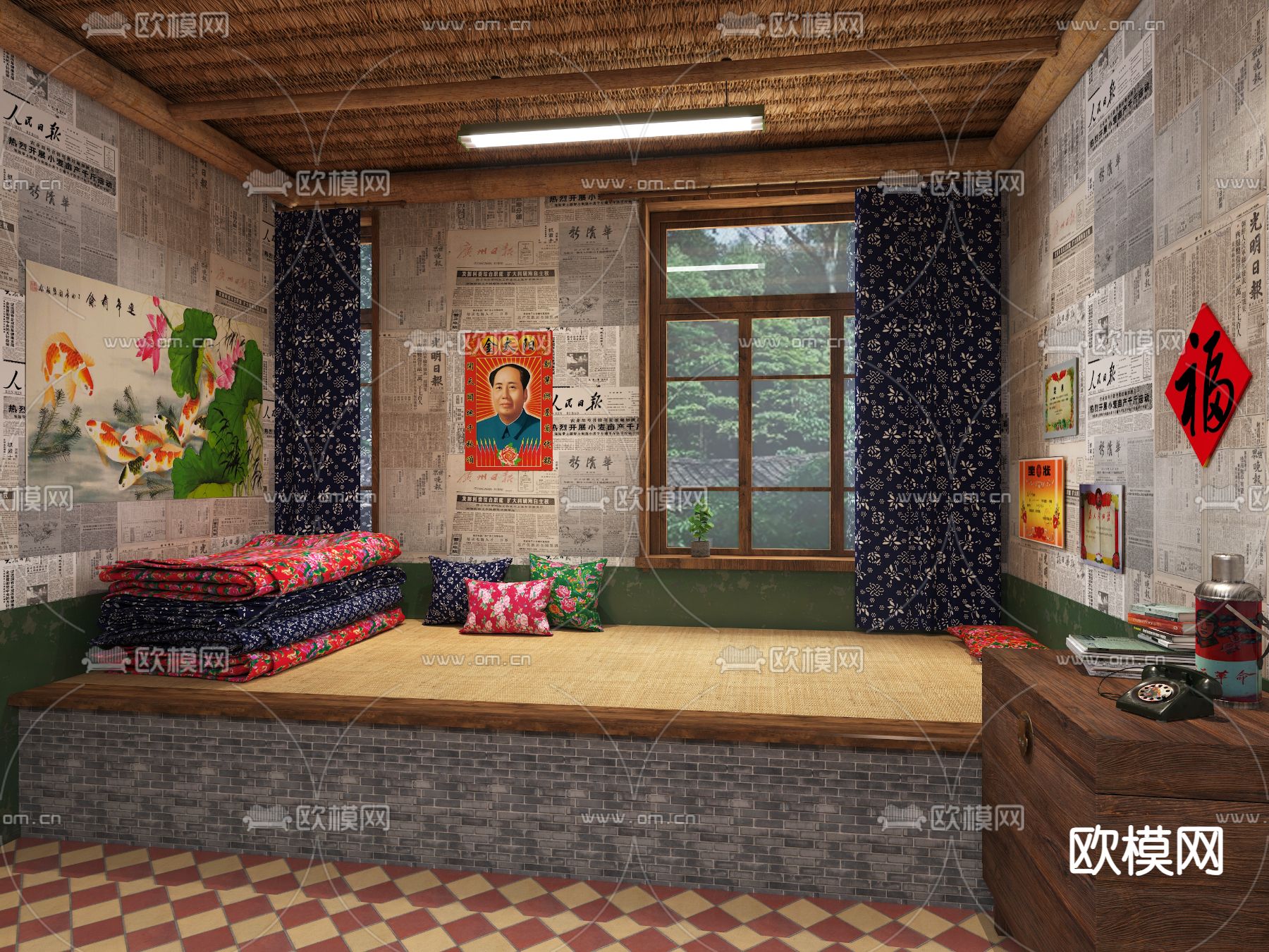 中式农村卧室土炕su模型下载（渲染图2）