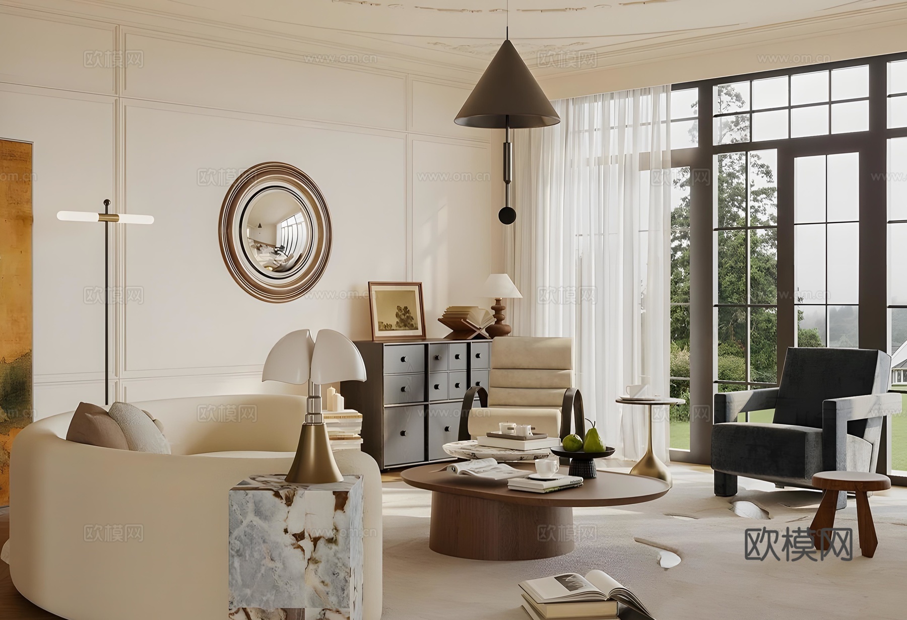 中古家居客厅 侘寂中古风客厅 沙发茶几组合 中古风休闲椅 复su模型下载（渲染图2）