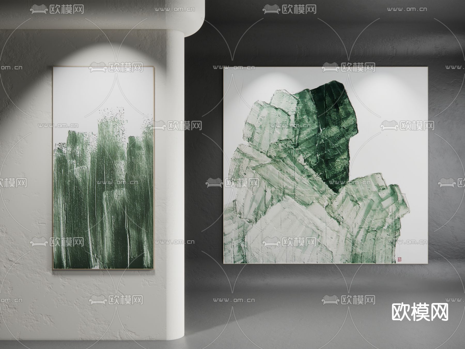 侘寂风装饰画 绿色画廊 质感纹理画su模型