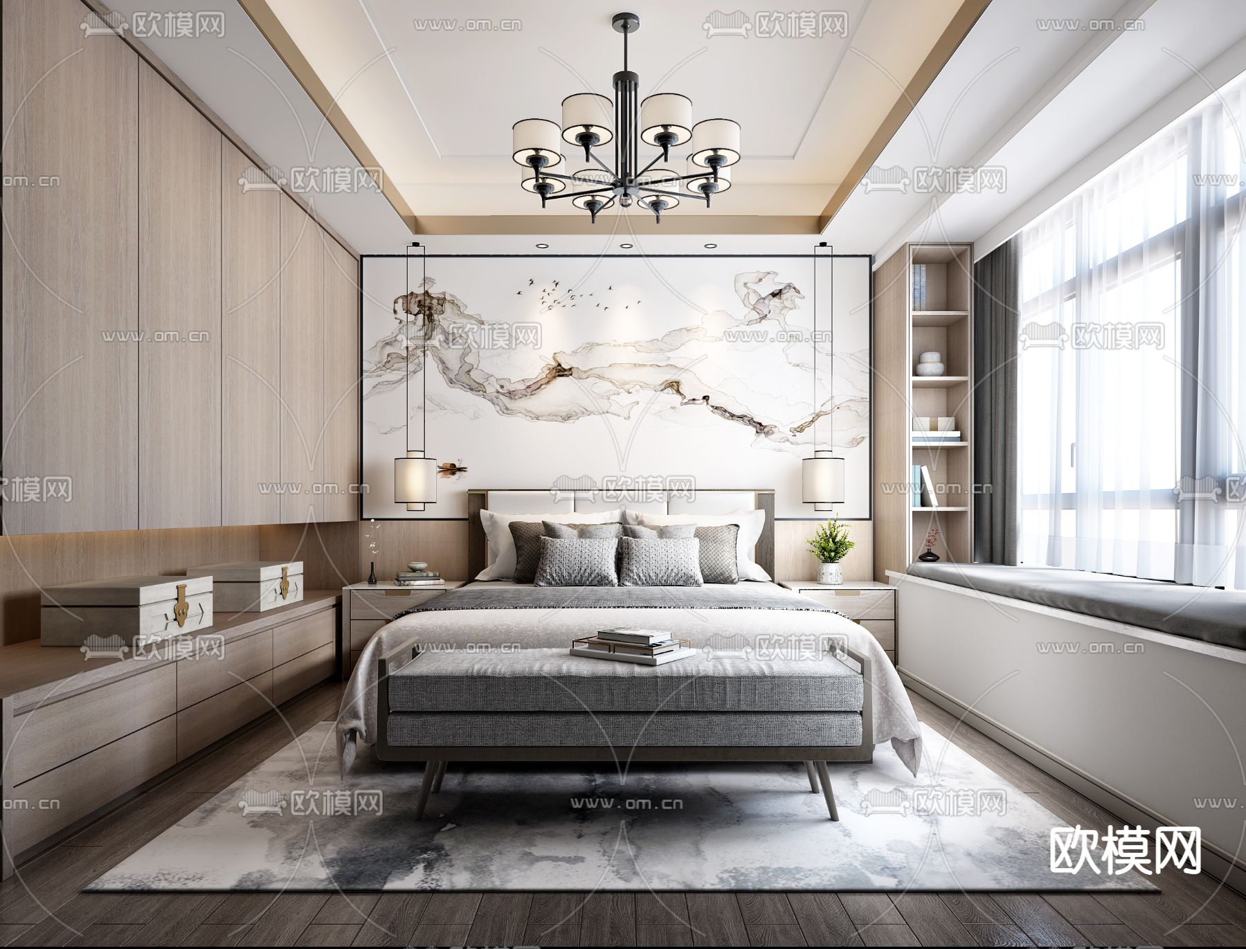 新中式卧室su模型下载（渲染图1）