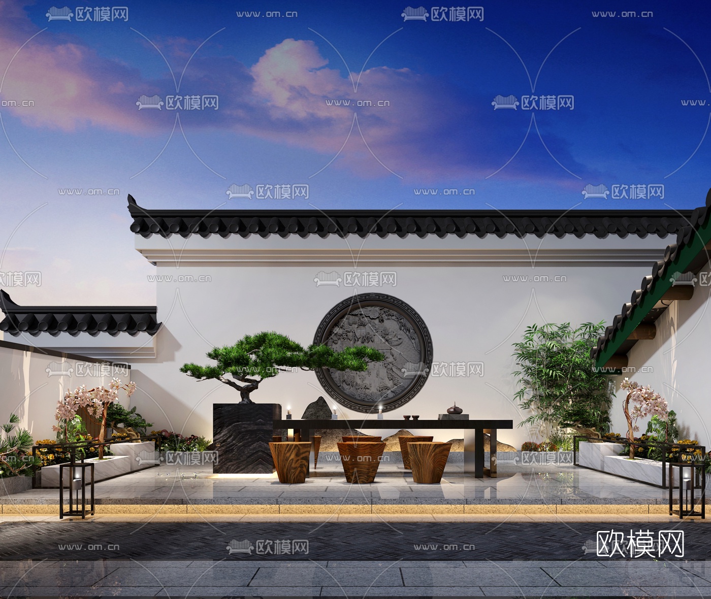 新中式屋顶露台花园品茶区3d模型下载（渲染图4）
