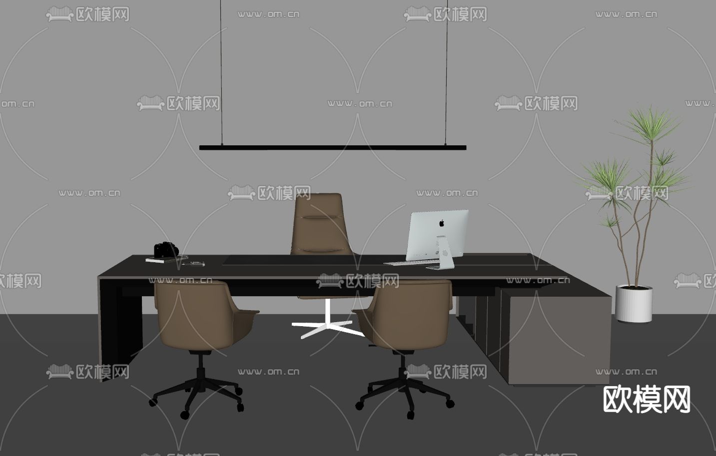 现代班台桌 大班台su模型下载（渲染图2）