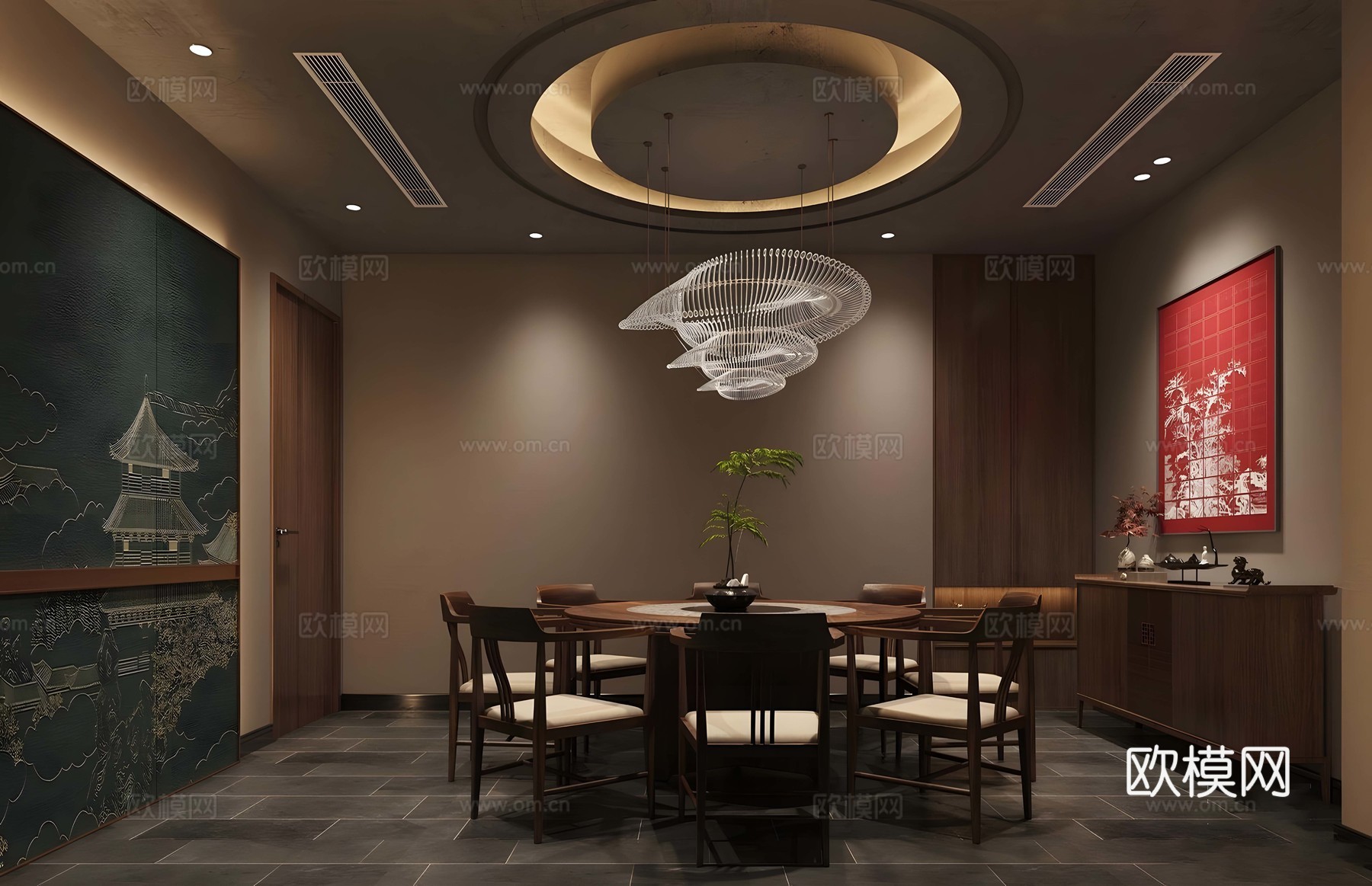 新中式包厢 餐厅包厢 会所包厢 包厢餐桌椅 四人以上餐桌椅su模型下载（渲染图2）