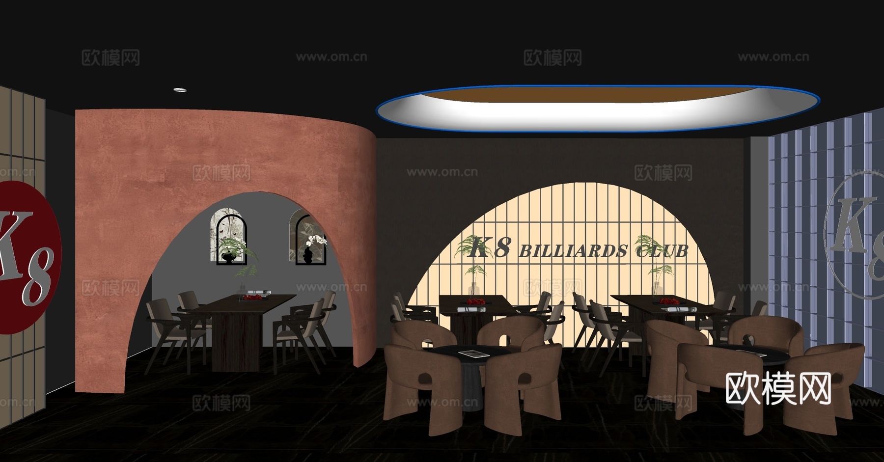 现代包厢 发光网红墙 网红餐厅包厢 轻奢餐桌椅 轻奢店铺大堂su模型