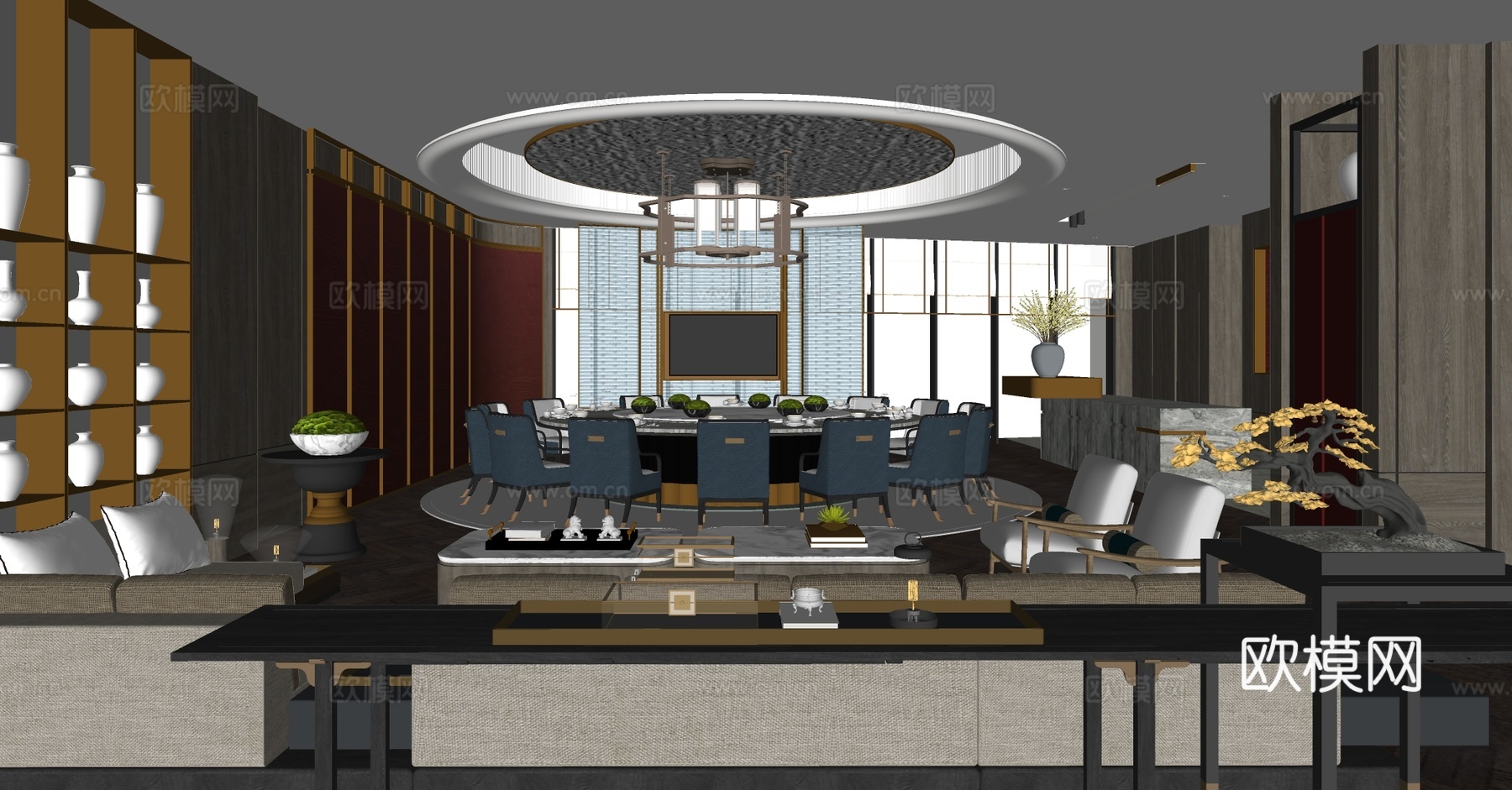 新中式包厢 中餐厅包厢 包厢餐桌椅 圆桌餐桌椅 四人以上餐桌su模型下载（渲染图2）