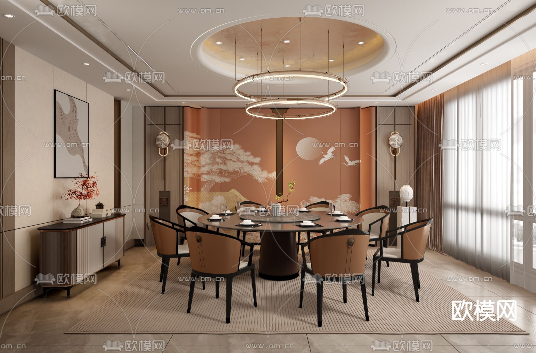 新中式餐厅包间 包厢su模型下载（渲染图2）