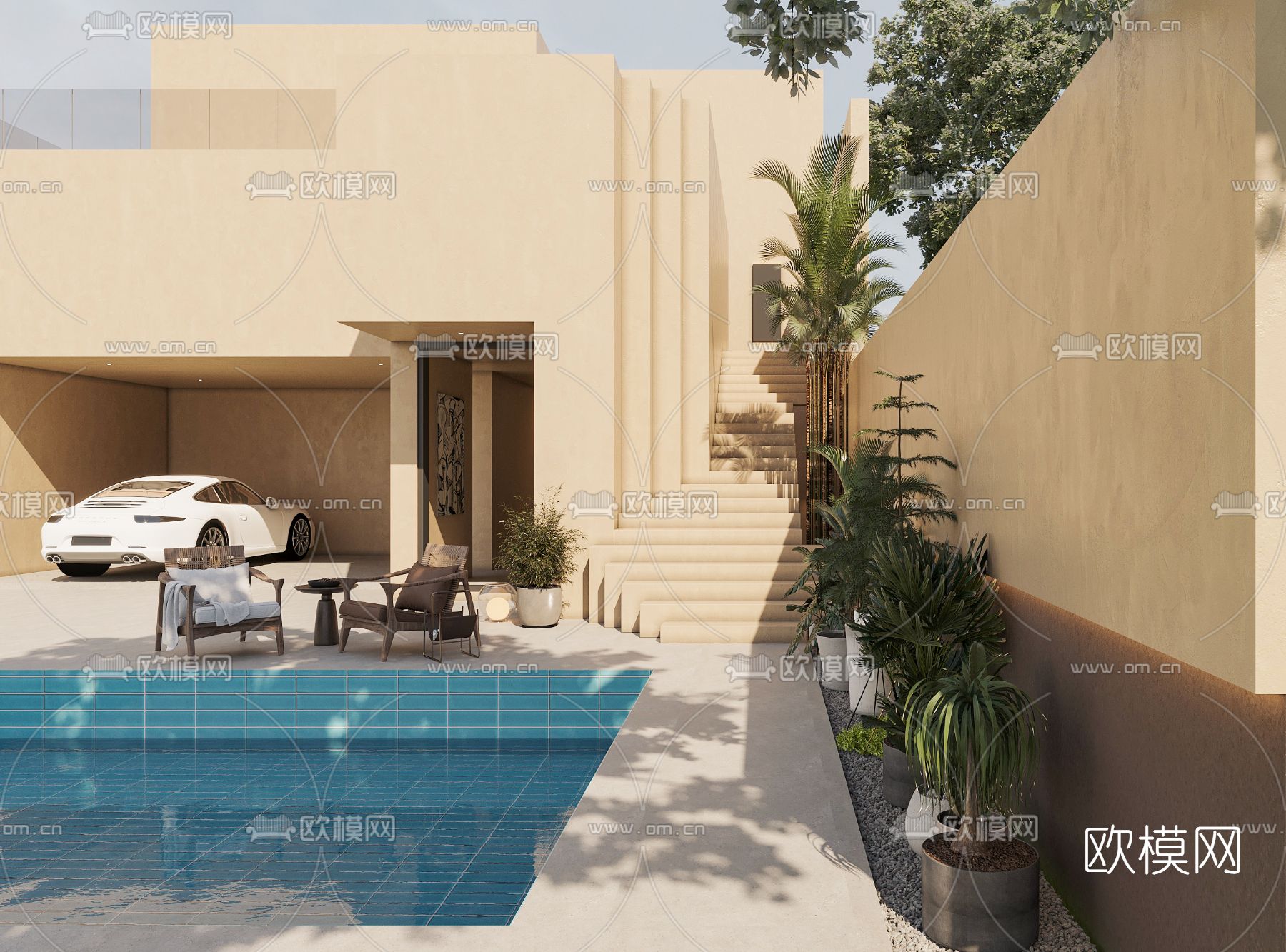 侘寂别墅庭院游泳池3d模型下载