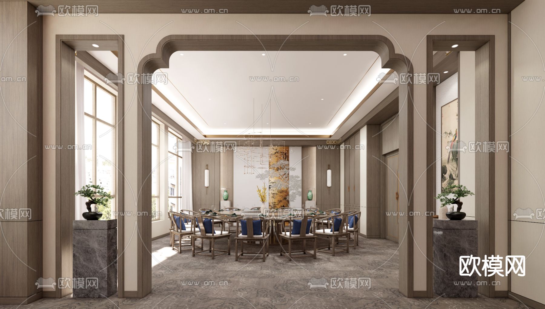新中式餐厅包房su模型下载（渲染图1）