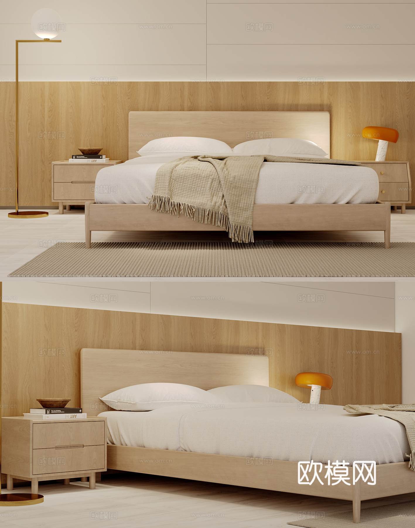 中古风双人床  实木床 床头柜 台灯落地灯3d模型