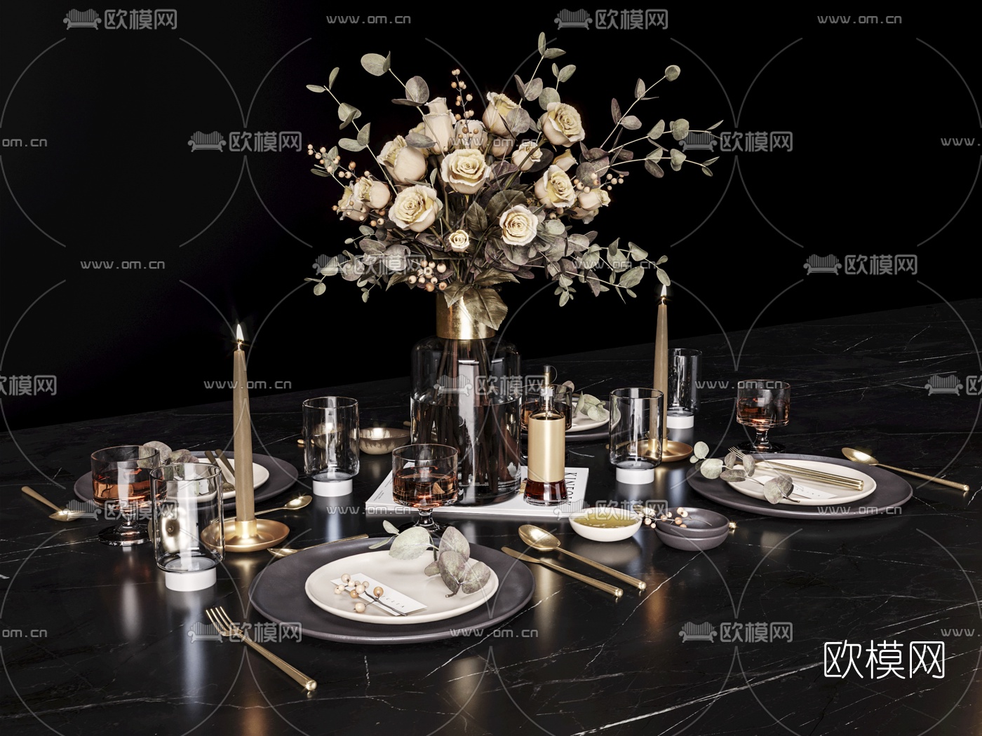 现代西餐餐具蜡烛摆件3d模型下载