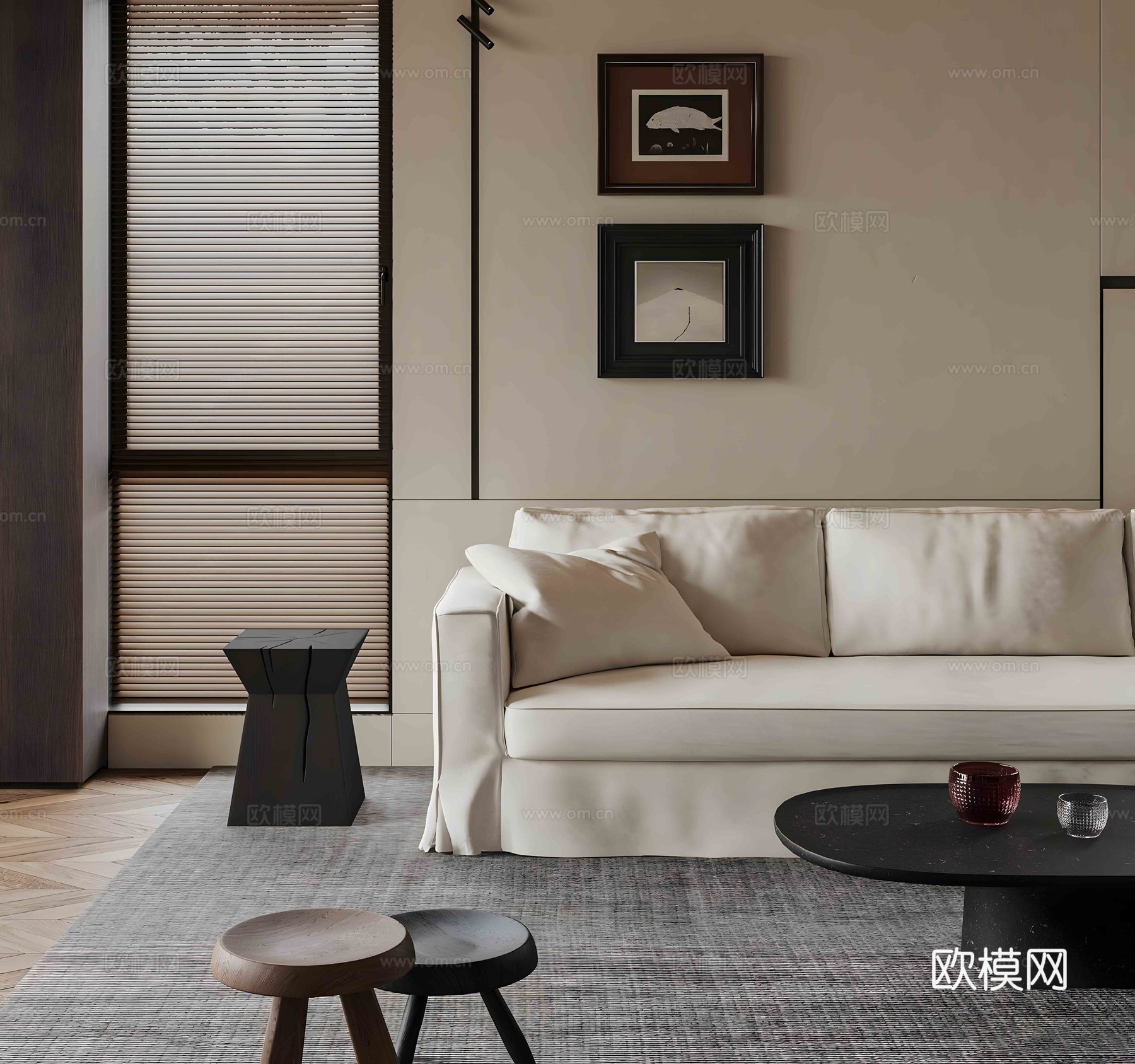 中古别墅客厅 中古风家居客厅 复古风别墅客厅 沙发茶几组合su模型下载（渲染图2）