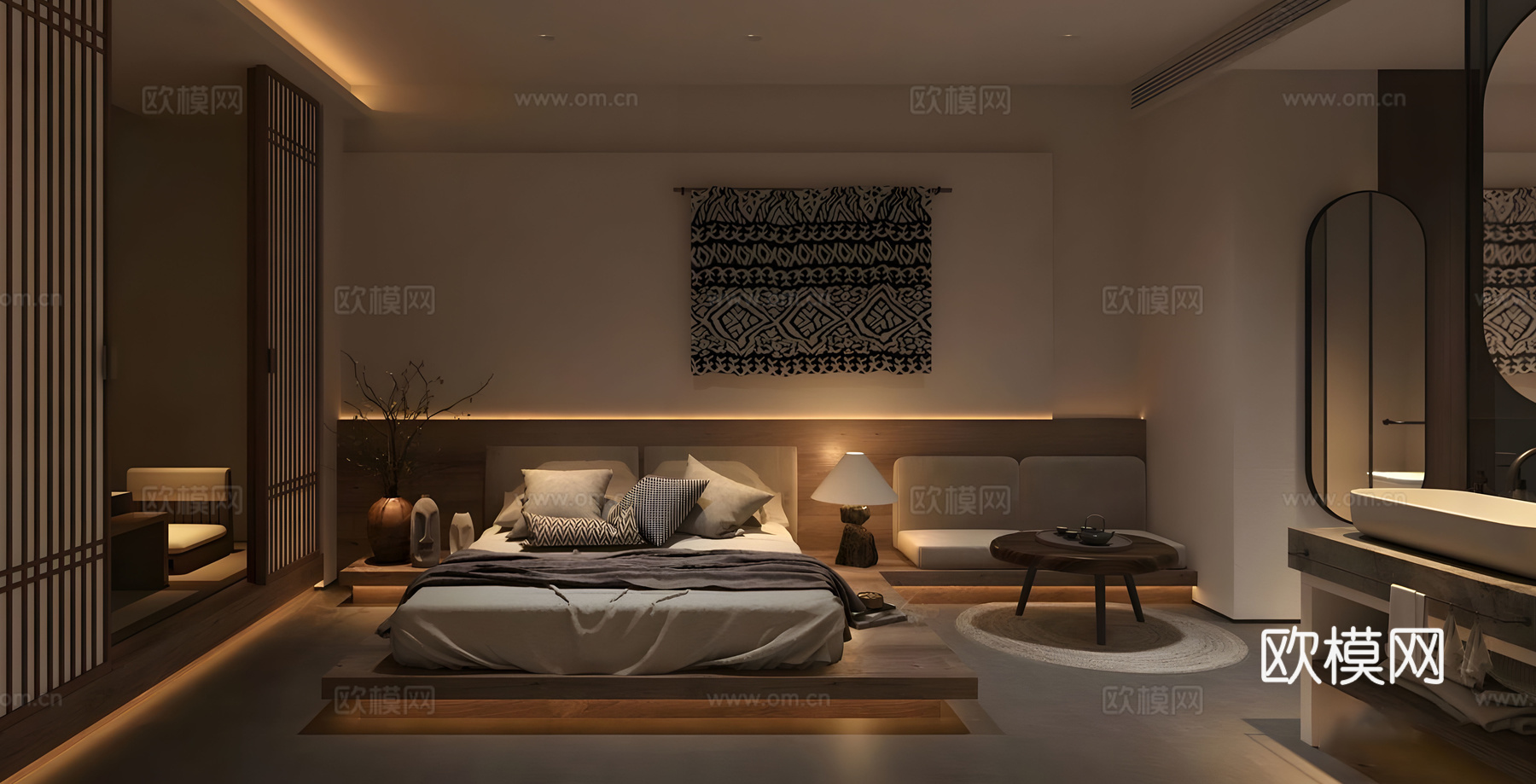 侘寂民宿客房 实木双人床 民宿酒店套房 度假酒店客房 侘寂风su模型下载（渲染图1）