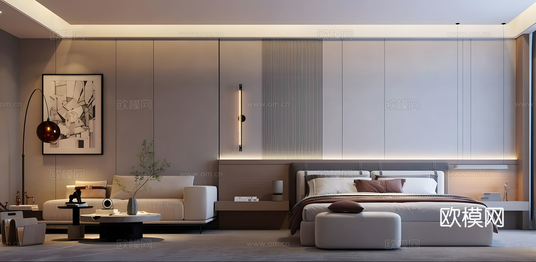 现代酒店客房 酒店大床房 酒店套房 酒店标间 酒店客房沙发su模型下载（渲染图1）