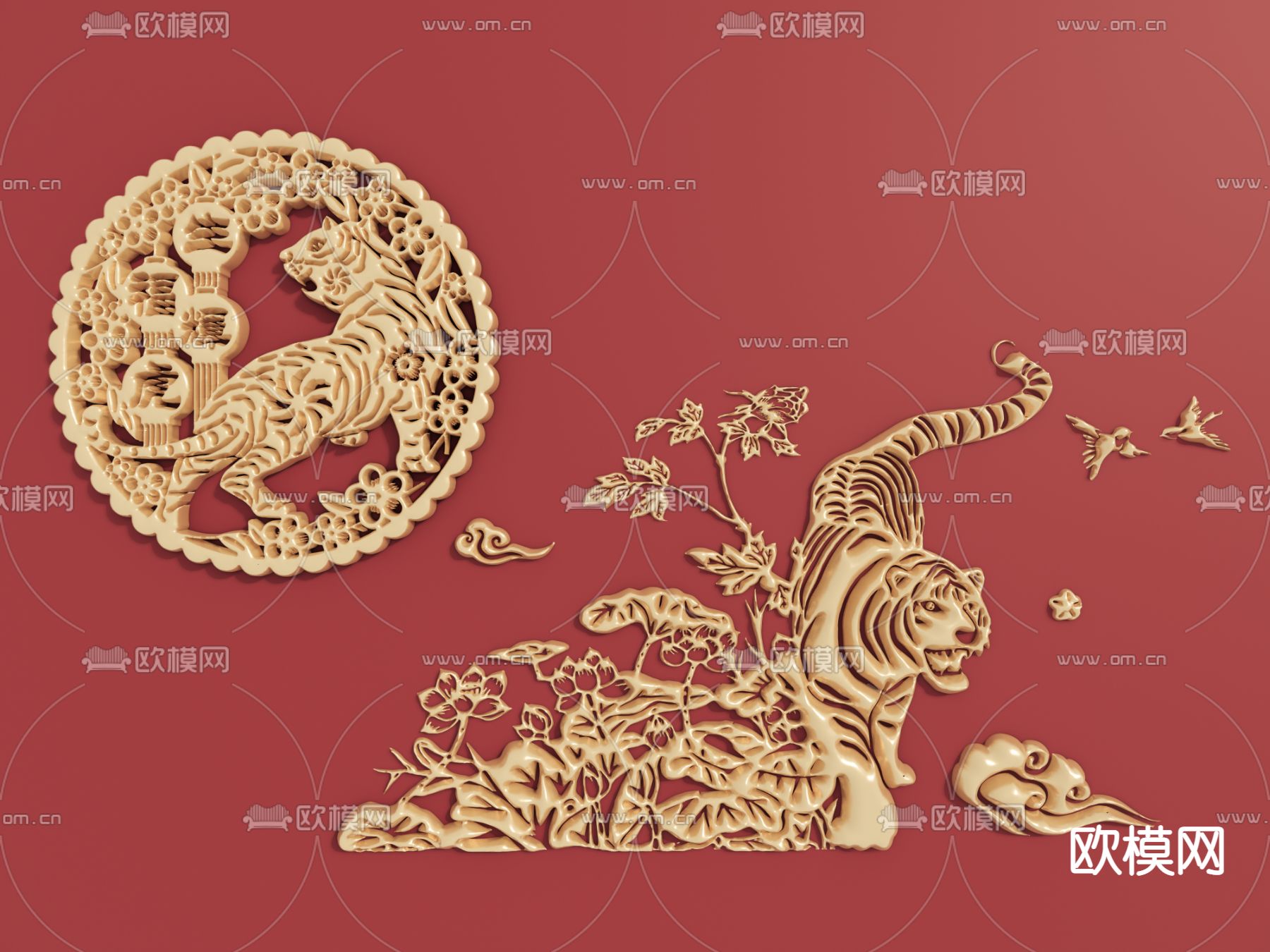 现代老虎浮雕雕刻su模型下载（渲染图1）